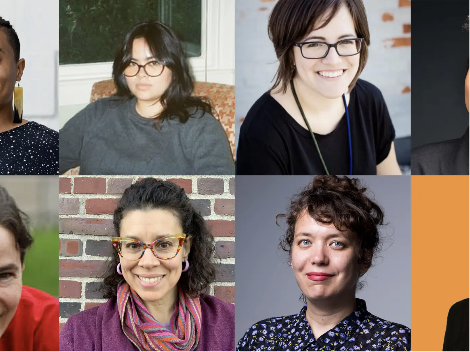 A collage of six women, each in a different setting. Some are smiling and wearing glasses, and their backgrounds vary from indoors to outdoor scenes with brick, greenery, and a solid orange color.